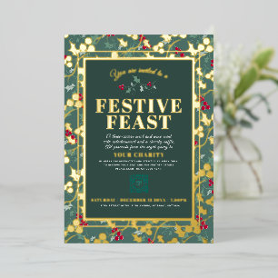 Charity Festive Feast green gold met kerst Folie Uitnodiging
