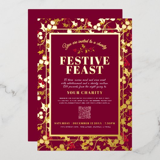 Charity Festive Feast Red Gold berries Kerstmis Folie Uitnodiging (Voorkant / Achterkant)
