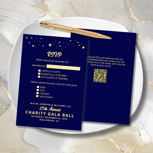 Charity Fundraiser Gala Event Navy Blue Gold RSVP Kaartje