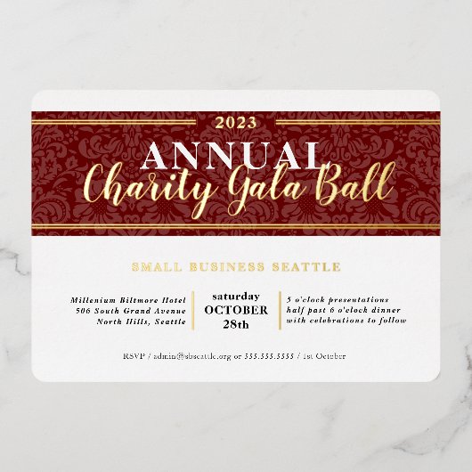 CHARITY GALA BALL elegant evenement bordeaux rood  Folie Uitnodiging (Voorkant)