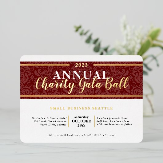 CHARITY GALA BALL elegant evenement bordeaux rood  Folie Uitnodiging (Staand Voorkant)