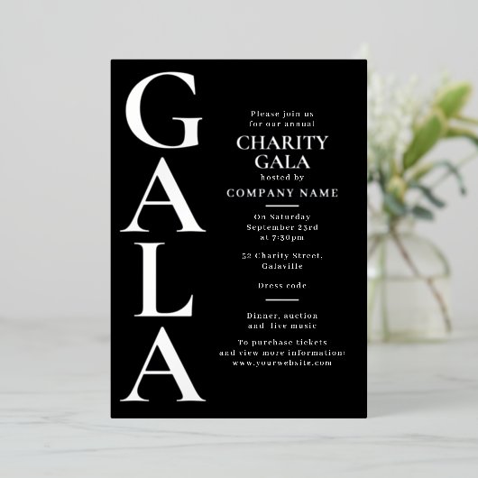 Charity Gala-sjabloon Fundraising Event Zwart Folie Uitnodiging (Staand Voorkant)