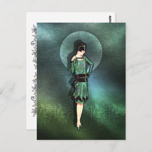 CHARLA, Art Deco Lady in Sage Green en Blauwgroen Briefkaart (Voorkant / Achterkant)