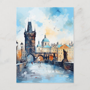Charles Bridge Praag Zonsondergang Aquarel Reizen Briefkaart