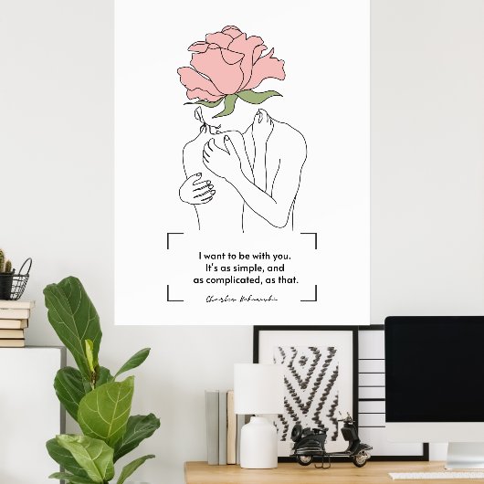 Charles Bukowski Pink Rose Line Art Love Quotes Poster (Thuiskantoor)