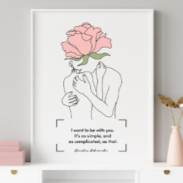 Charles Bukowski Pink Rose Line Art Love Quotes Poster
