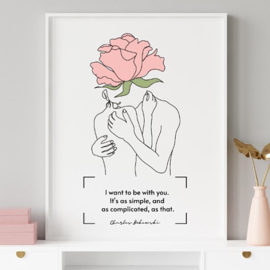 Charles Bukowski Pink Rose Line Art Love Quotes Poster