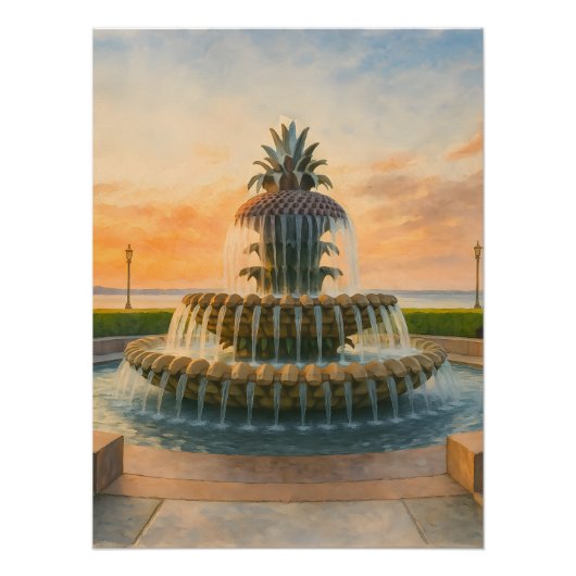 Charleston ananas fontein Waterverf zonsondergang Perfect Poster (Voorkant)