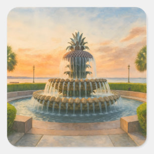 Charleston ananas fontein Waterverf zonsondergang Vierkante Sticker