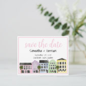 Charleston Bewaar de datum Rainbow Row Wedding Briefkaart (Staand voorkant)