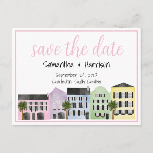 Charleston Bewaar de datum Rainbow Row Wedding Briefkaart (Voorkant)