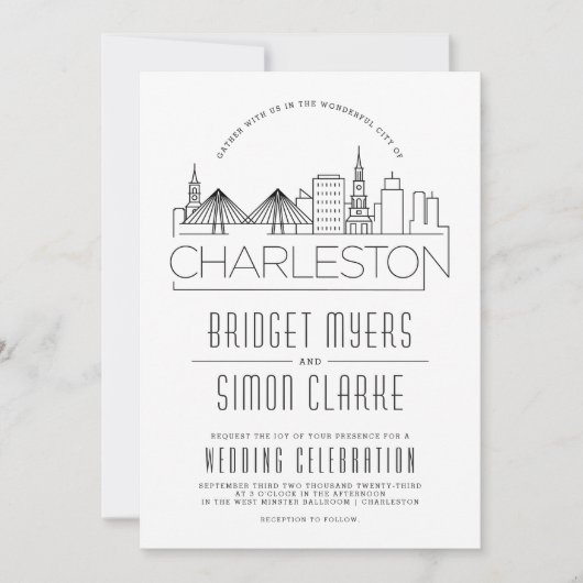 Charleston bruiloft | Gestileerde Skyline uitnodig Kaart (Voorkant)