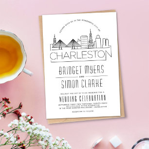 Charleston bruiloft   Gestileerde Skyline uitnodig Kaart