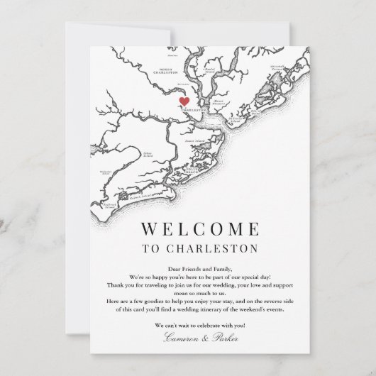Charleston bruiloft welkom route zwart wit bedankkaart (Voorkant)