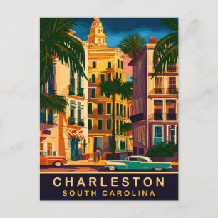 Charleston Downtown, SC, Vintage Reizen Briefkaart