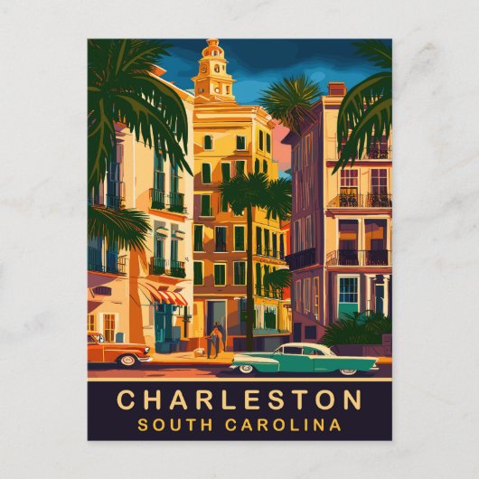 Charleston Downtown, SC, Vintage Reizen Briefkaart (Voorkant)