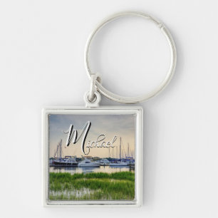 Charleston Harbor Boats Sunset Square Sleutelhange Sleutelhanger