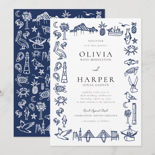 Charleston Hotel Marine Blauw Bruiloft Uitnodiging (Voorkant / Achterkant)