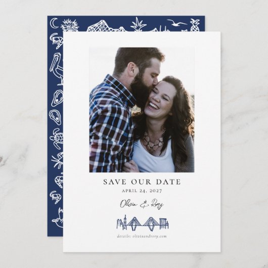Charleston Hotel Skyline Navy Blue De datum opslaa Save The Date (Voorkant / Achterkant)