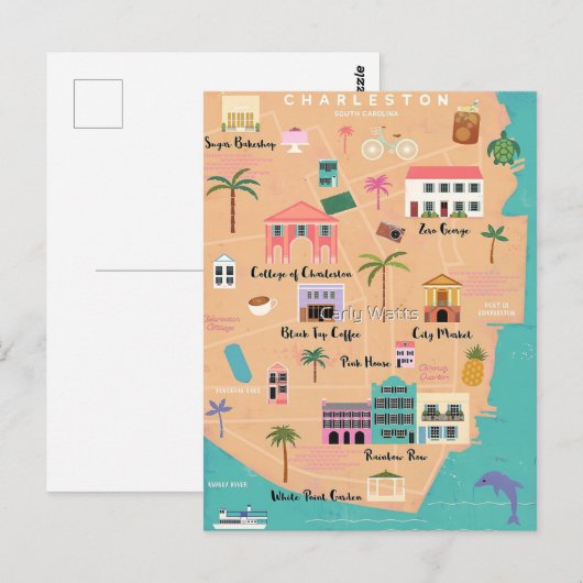Charleston Illustrated Map Briefkaart (Voorkant / Achterkant)