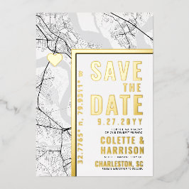 Charleston Love Locator | Bruiloft Bewaar de datum Folie Uitnodiging