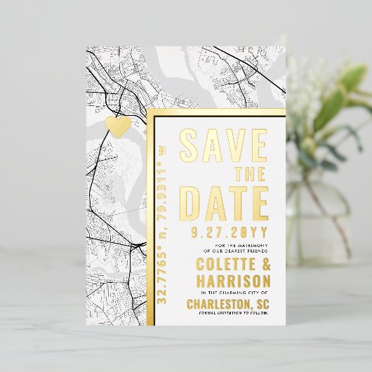 Charleston Love Locator | Bruiloft Bewaar de datum Folie Uitnodiging (Staand Voorkant)