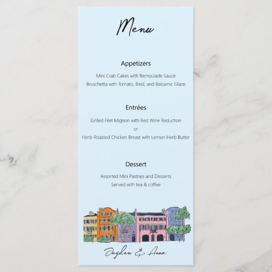 Charleston Menu voor Bruiloft Waterverf ontwerp (Voorkant)