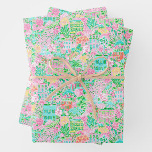 Charleston Pastel Preppy Palm Beach Patroon Print Inpakpapier Vel