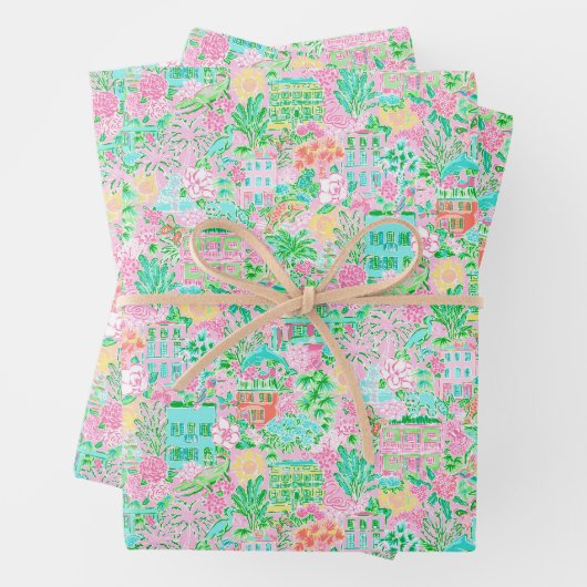 Charleston Pastel Preppy Palm Beach Patroon Print Inpakpapier Vel (In situ)