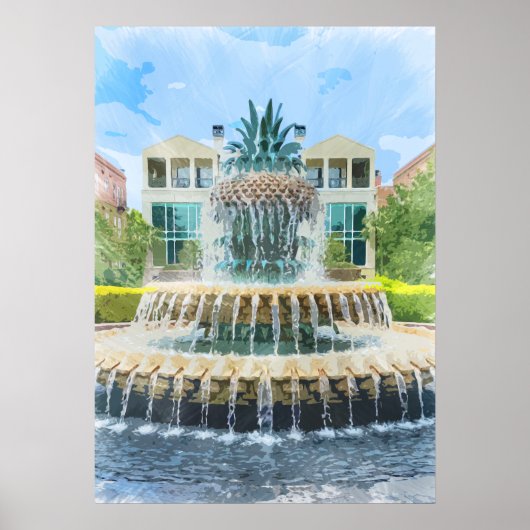 Charleston Pineapple Fountain Waterverf Poster (Voorkant)