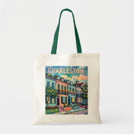 Charleston Rainbow Row SC Colorful Van Gogh Retro Tote Bag