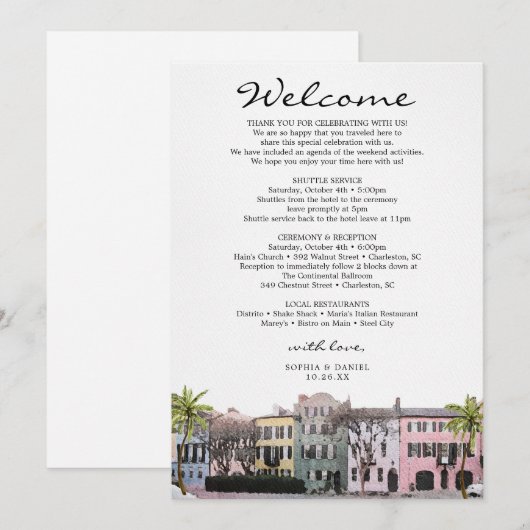 Charleston Rainbow Row SC Trouw Welkomstbrief Kaart (Voorkant / Achterkant)