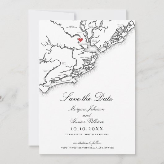 Charleston SC Elegante Zwart-wit bruiloft Save The Date (Voorkant)