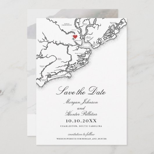 Charleston SC Elegante Zwart-wit bruiloft Save The Date (Voorkant / Achterkant)