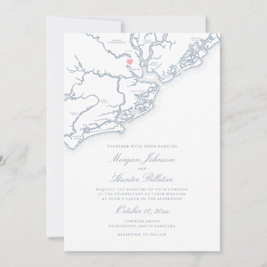 Charleston SC Kaart Elegant Dusty Blue Wedding (Voorkant)