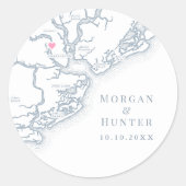 Charleston SC Kaart Elegante Dusty Blue Wedding Fa Ronde Sticker (Voorkant)