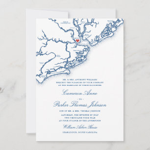 Charleston SC Kaart Elegante Marineblauwe Trouwfee