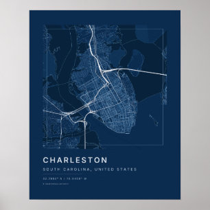 Charleston SC marineblauwe stadsplattegrond kunstp Poster