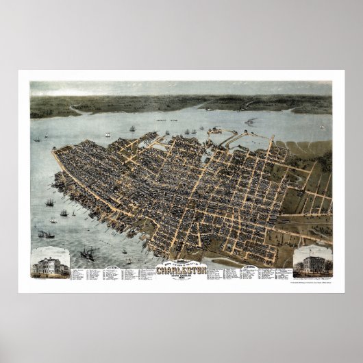 Charleston, SC Panoramic Map - 1872 Poster (Voorkant)