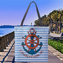 Charleston, SC Scheepswiel en Anker Gestreept Tote Bag