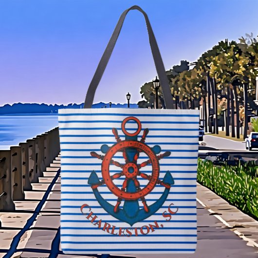 Charleston, SC Scheepswiel en Anker Gestreept Tote Bag