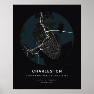 Charleston SC Zwarte Stad Kaart Kunstprint Poster