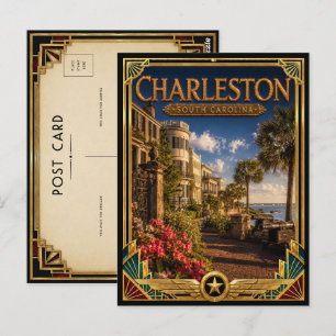Charleston South Carolina Vintage Art Deco Goud  Briefkaart