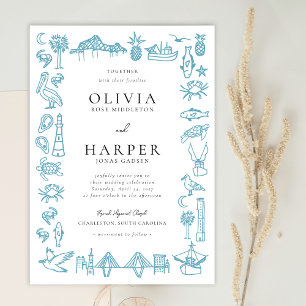 Charleston Tegel Rand in Blauw Bruiloft Uitnodigin Kaart