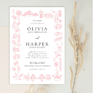 Charleston Tegel Rand in Roze Bruiloft Uitnodiging
