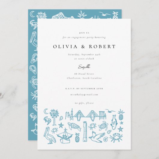 Charleston Toile Border in Blue Engagement Party Kaart (Voorkant / Achterkant)