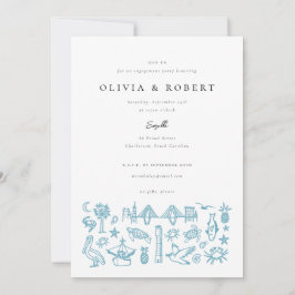 Charleston Toile Border in Blue Engagement Party Kaart