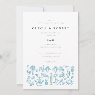 Charleston Toile Border in Blue Engagement Party Kaart