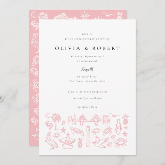 Charleston Toile Border in Roze Verlovingsfeest Kaart (Voorkant / Achterkant)