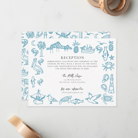 Charleston Toile Border Receptie Informatie Kaart Notitiekaartje (Voorkant / Achterkant in situ)